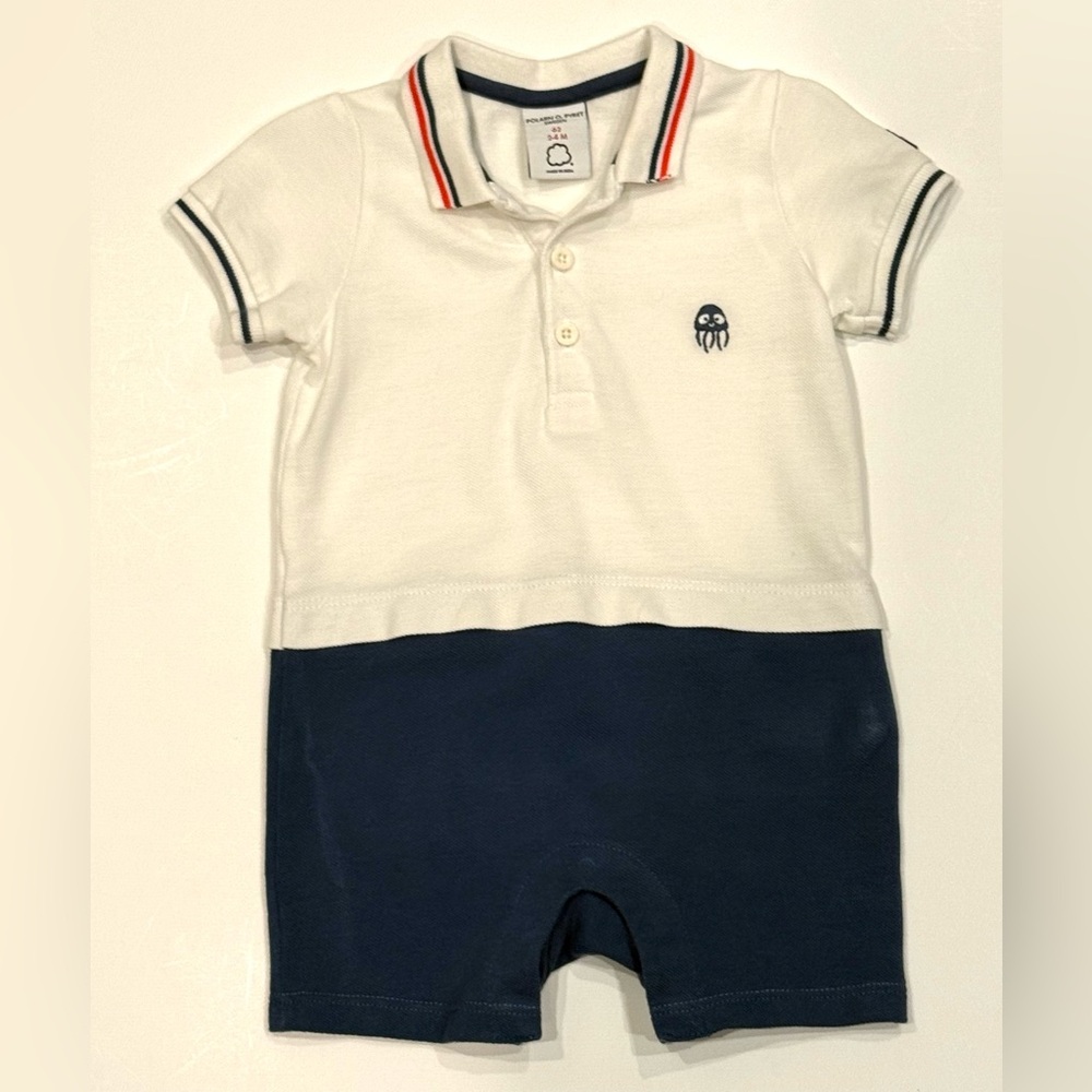 Polarn O. Pyret Baby Boy Romper 62 (2–4M) – White & Navy – GUC